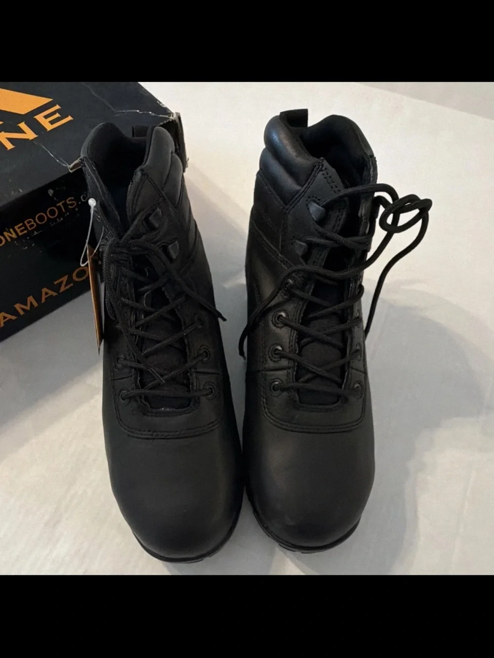 Amazone Men’s US 8.5 Black Leather Work Boot Wide Lace-Up Slip Resistant